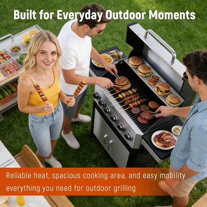 Redlife 3 Burner Propane Gas Grill, 30,000 BTU Outdoor BBQ Grill with Cast Iron Cooking Grates, Stainless Steel Warming Rack, Built-in Thermometer, Side Shelves, Removable Grease Tray, Yellow