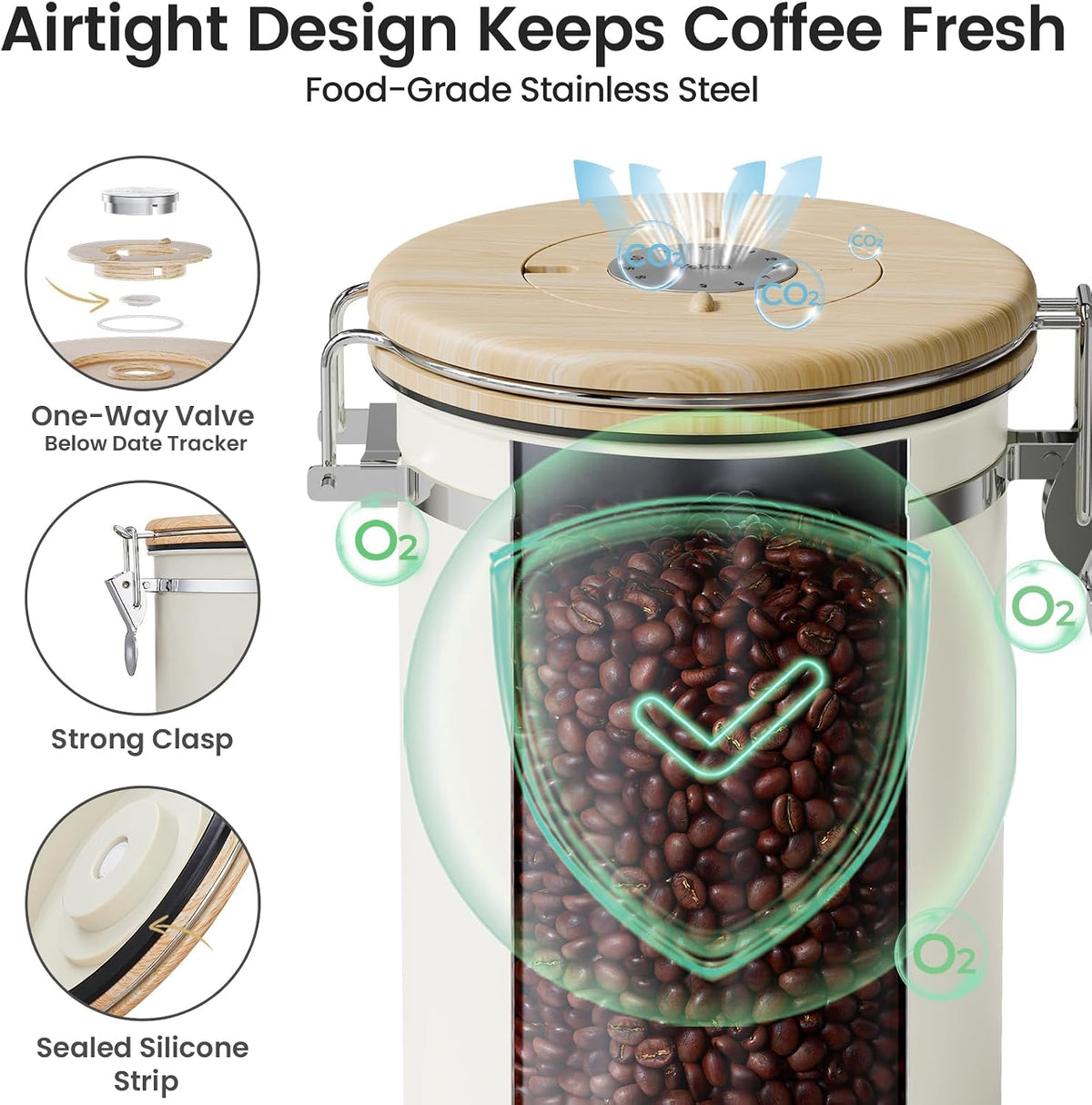 Veken Coffee Canister with Window, Family Choice Awards Winner, Airtight Stainless Steel Home Kitchen Food Storage Container with Lids for Grounds, Beans, Tea, Flour,Cereal,Sugar Jars,Scoop,16OZ,Black