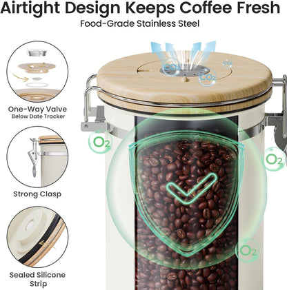 Veken Coffee Canister with Window, Family Choice Awards Winner, Airtight Stainless Steel Home Kitchen Food Storage Container with Lids for Grounds, Beans, Tea, Flour,Cereal,Sugar Jars,Scoop,16OZ,Black