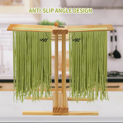 Collapsible Pasta Drying Rack, Wood Pasta Dryer Hanger Rack, Spaghetti Noodle Drying Hanging Rack Stand with 12 Bars and Transfer Wand, Foldable for Easy Storage