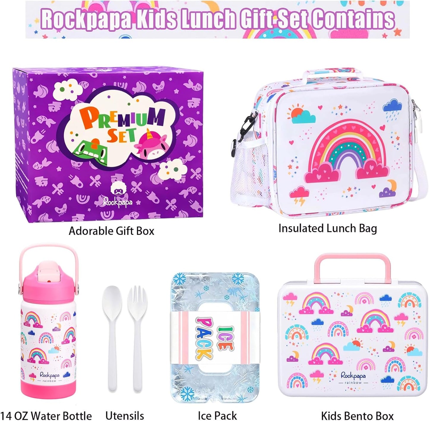rockpapa Chill Kids Lunch Box Set with Leakproof 5.5 Cups Bento Box, Reusable Ice Pack, 14oz Insulated Water Bottle & Lunch Bag, BPA-Free Microwave Safe for School Boys Girls (Black Games)
