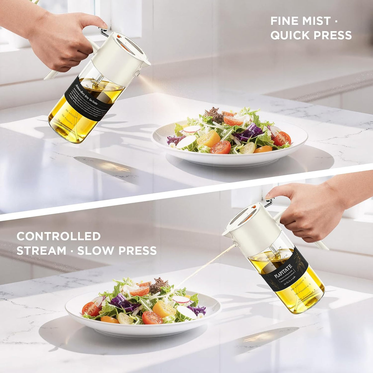 PLAPITATE 17oz/500ml Premium Olive Oil Sprayer for Cooking, 2 in 1 Glass Olive Oil Dispenser Bottle for Kitchen Gadgets, Spray Bottle with Portion Control for Salad, Frying, BBQ (Black)