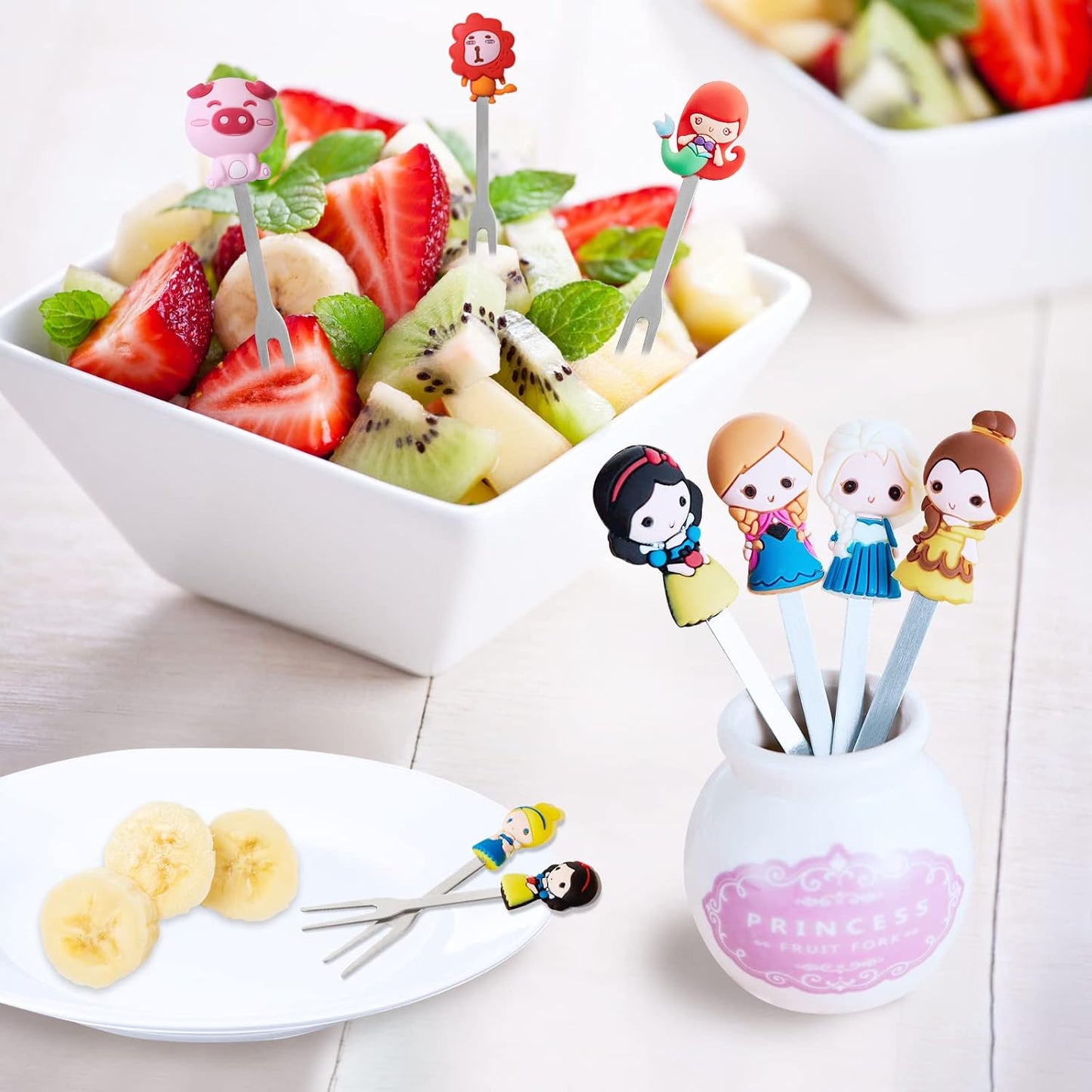 18 Pcs Food Picks for Kids with 3 Ceramic Jars, Set of 3 Cute Cartoon Fruit Forks Kids Stainless Steel, Animal Food Picks Fruit Picks for Kids Bento Picks for Appetizers
