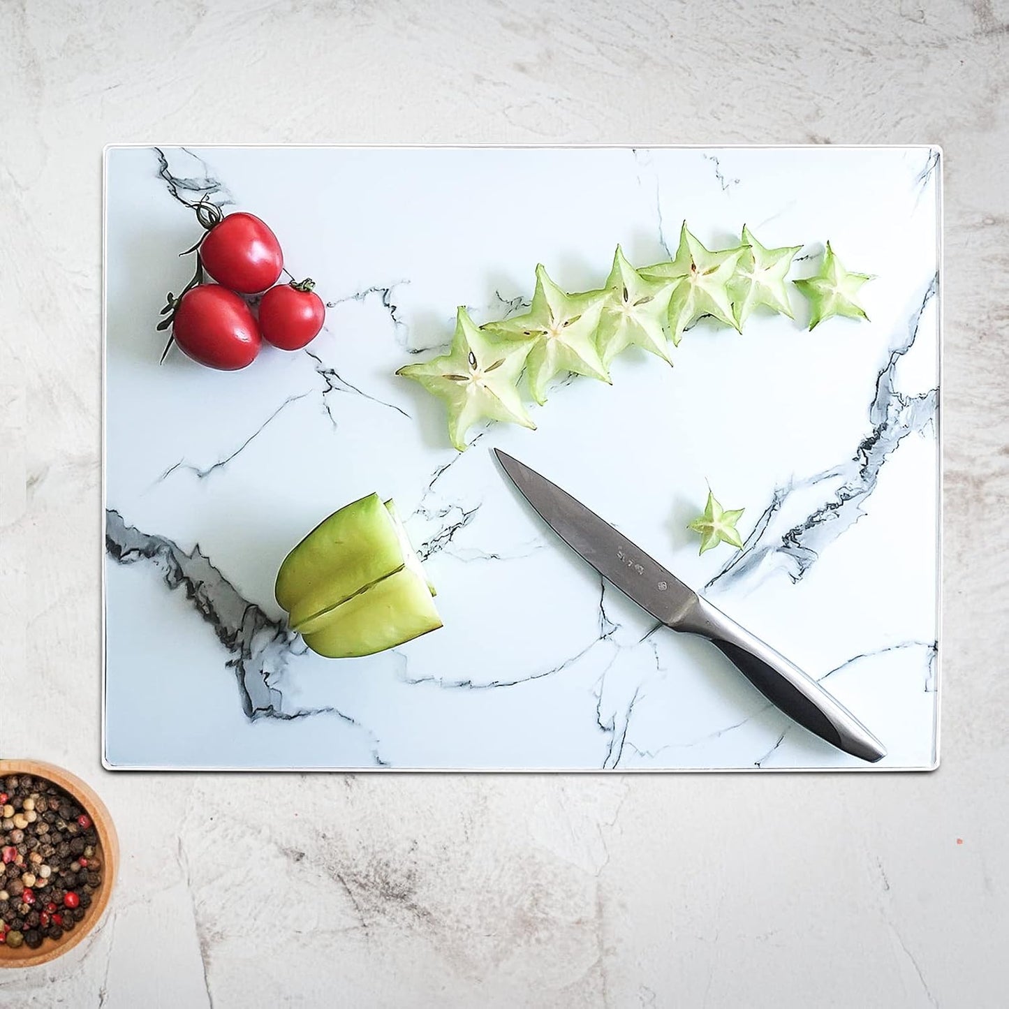 VASUHOME Tempered Glass Cutting Board Set of 2-16x12 inch Marble Pattern Cutting Board for Kitchen Counter - Scratch, Heat, Shatter Resistant and Easy to Clean- Black and Clear