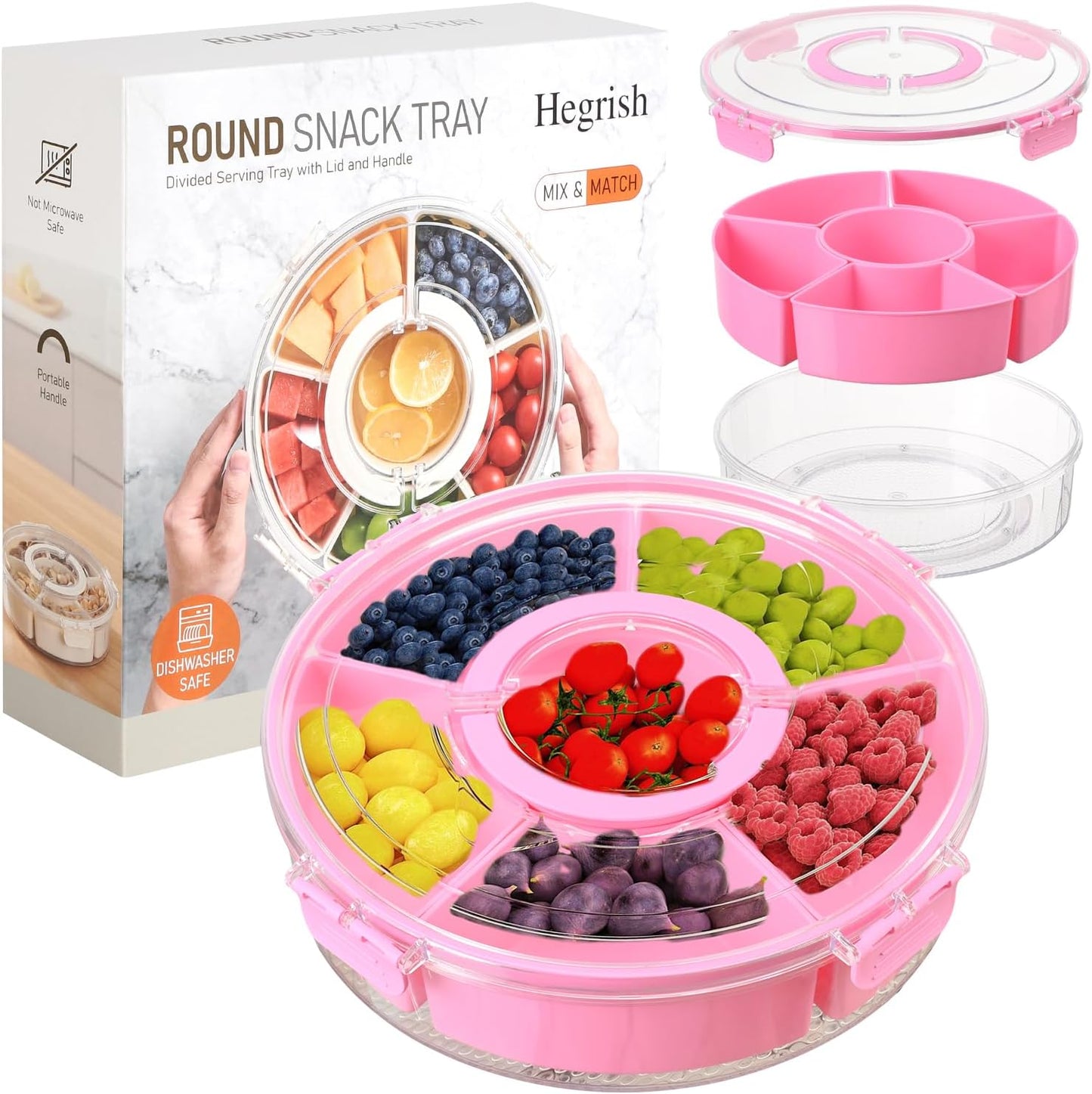 Small Divided Rotating Serving Tray with Lid and Handle,Portable Snackle Box Container,Spinner Organizer and Storage for Adults,Child,Fruits,Candy,Nuts,Veggie,Charcuterie,Snacks,Picnic,Travel, Party