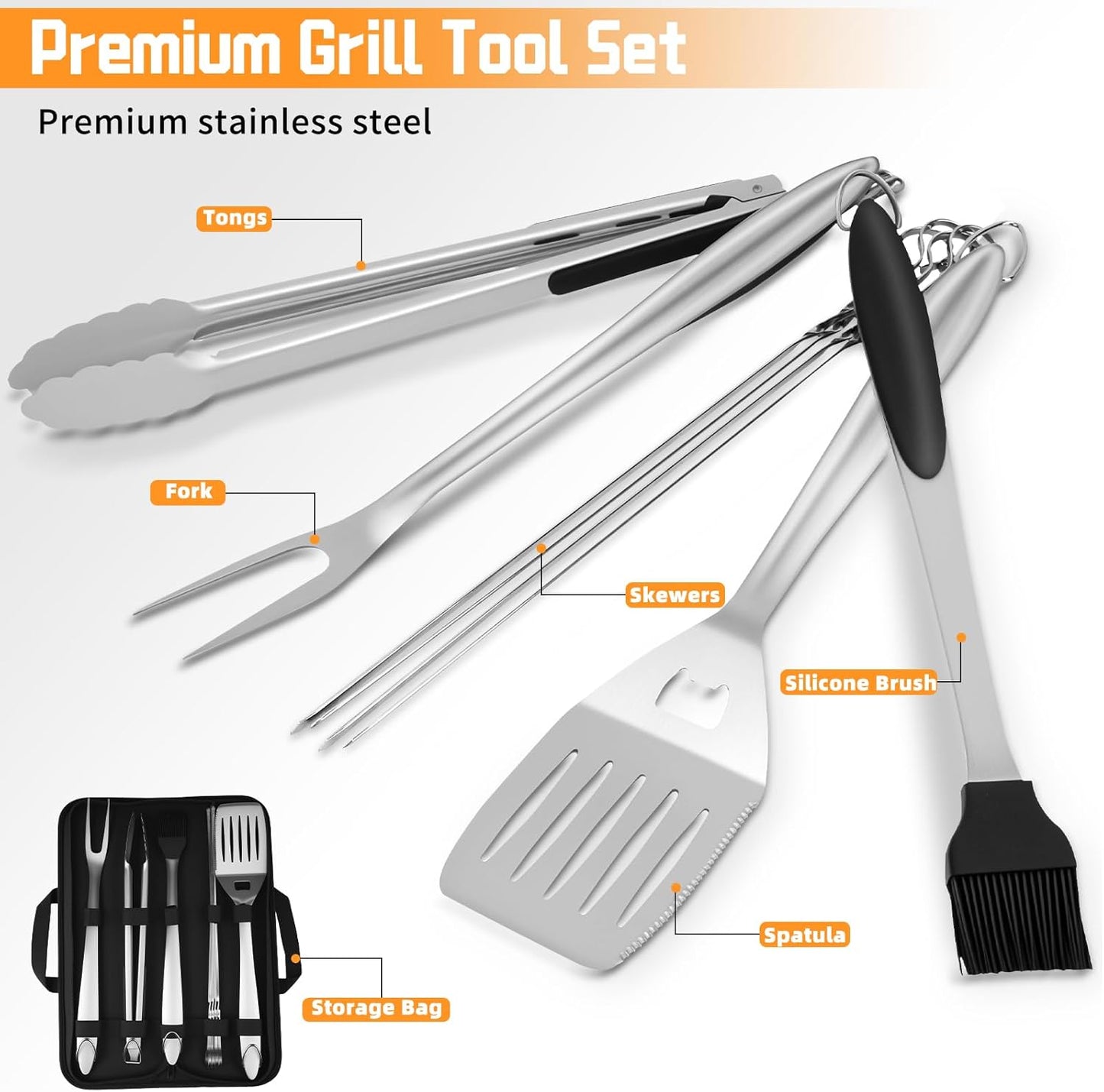28PCS Stainless Steel BBQ Grill Accessories Set, Grilling Gifts for Men Birthday Father's Day, Portable Multifunction Grilling Utensils Tools Kit with Storage Bag for Outdoor Grill Camping BBQ Party