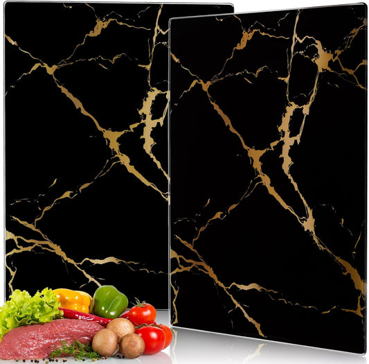 WRINGKIT Set of 2 Tempered Glass Cutting Board, Chopping Boards with Marble Pattern Non-slip Feet, 16''x12'' Glass Countertop Protector for Kitchen Counter, Shatter and Heat Resistant