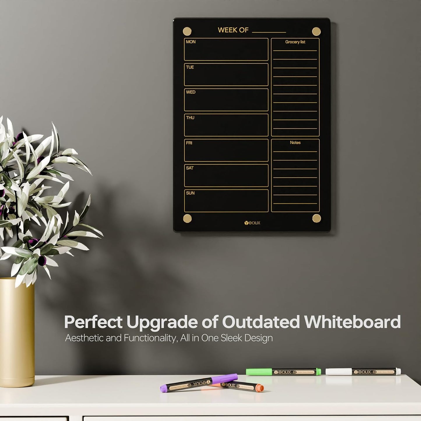 Clear Glass Weekly Dry Erase Calendar & Menu Non-Magnetic Whiteboard for Wall, Meal Plan & Grocery List White Board for Kitchen, 15x11, 7 Days Home Planner, 4 Wet Erase Markers Included, Yeoux