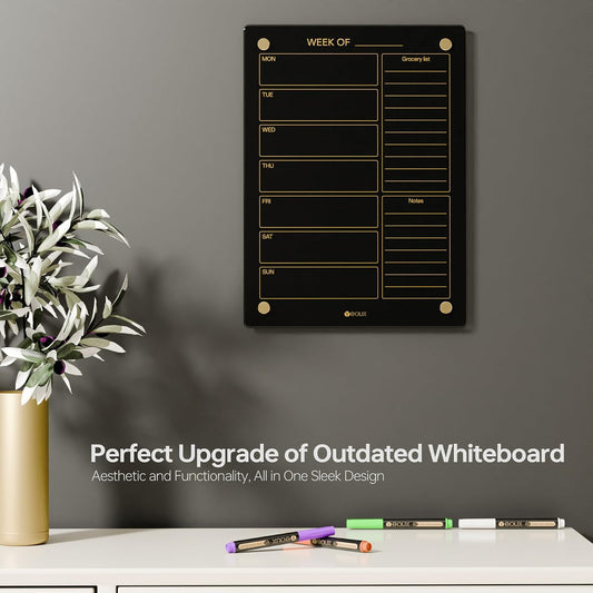 Clear Glass Weekly Dry Erase Calendar & Menu Non-Magnetic Whiteboard for Wall, Meal Plan & Grocery List White Board for Kitchen, 15x11, 7 Days Home Planner, 4 Wet Erase Markers Included, Yeoux