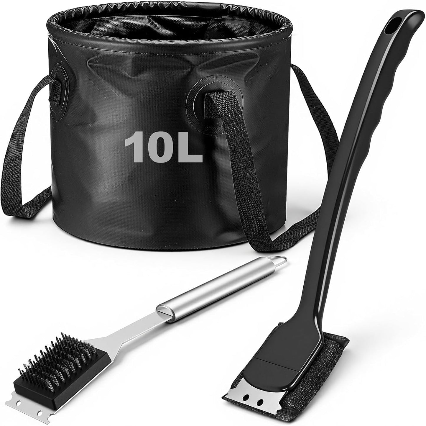 Hushee 3 Pack Grill Brush Bristle Free with Collapsible Bucket Portable Grill Brush BBQ Cleaner Scraper Durable Foldable Water Tank for Outdoor BBQ Cleaning, Dishwasher Safe