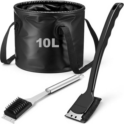 Hushee 3 Pack Grill Brush Bristle Free with Collapsible Bucket Portable Grill Brush BBQ Cleaner Scraper Durable Foldable Water Tank for Outdoor BBQ Cleaning, Dishwasher Safe