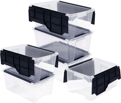 ORGANIZE-IT!, 6-Pack Flip-Top Tote 28 Qt, Storage Bin with a Clear Plastic Base, Black Lid, Stackable, 18" L X 12" W X 8" H