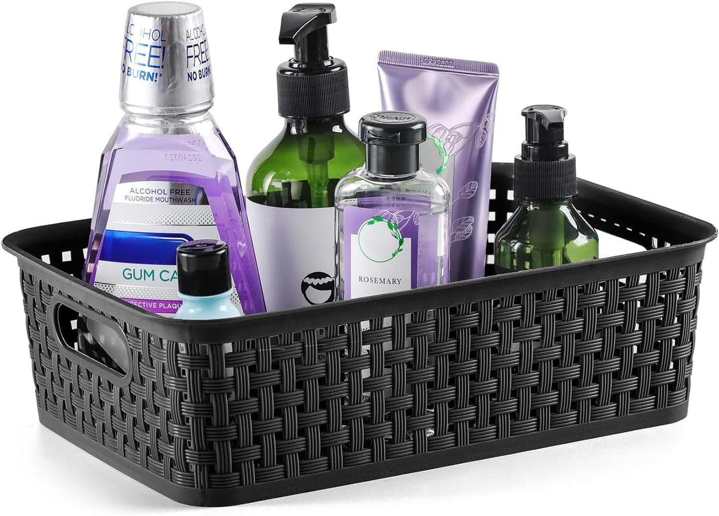 [ 12 Pack ] Plastic Storage Baskets, Small Pantry Organization and Storage Bins, Household Organizers for Laundry Room, Bathrooms, Kitchens, Cabinets, Countertop, Under Sink or Shelves, Black