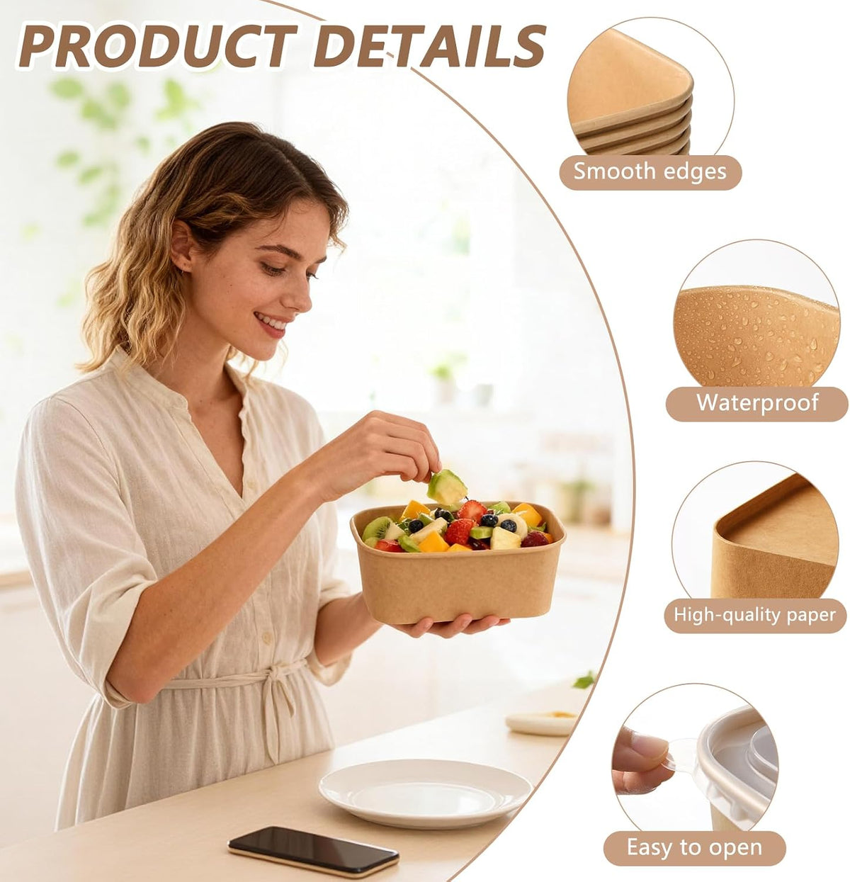 50 Sets 25oz Disposable Kraft Paper Bowls with Lids, Rectangle