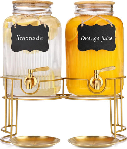 Drink Dispensers For Parties- 1 Gallon Beverage Dispenser with Stand and Spigot 18/8 Stainless Steel Leak-proof- Sun Tea Glass Jar For Outside, Juice Lemonade Dispenser