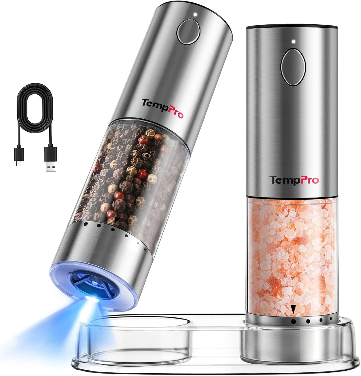 TempPro Rechargeable Electric Salt and Pepper Mill Set with Large Capacity