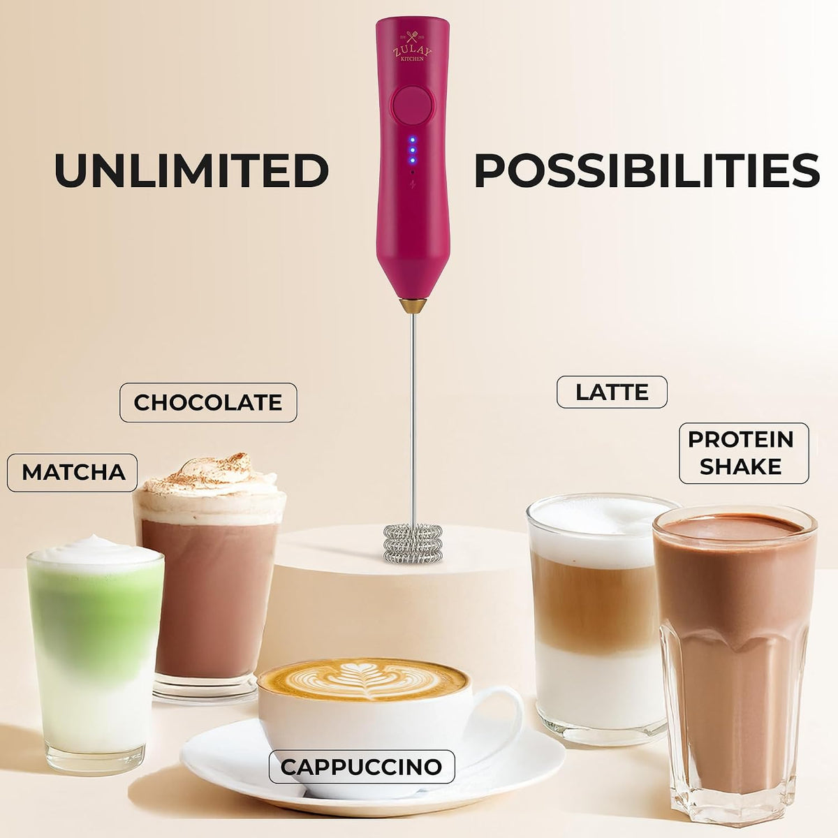 Zulay Kitchen Rechargeable Milk Frother Handheld - Frother Wand, Drink Mixer, Electric Whisk Frother, for Cappuccinos, Matcha & Protein Powder - Dynamic 3 Whisk, 3 Speed 500mAh Black - Colors D