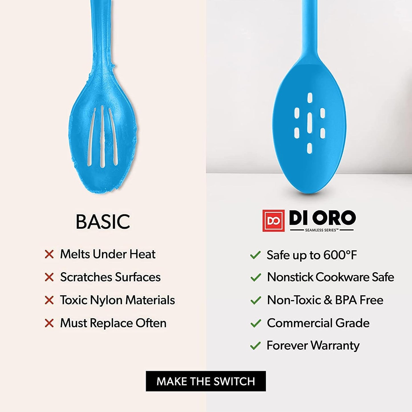 DI ORO Silicone Spoons for Cooking - Large Kitchen Spoons for Mixing, Serving, & Stirring - 600°F Heat-Resistant Non Stick Utensils – Big Solid & Slotted - Dishwasher Safe (2pc, Black)