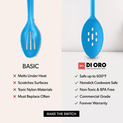 DI ORO Silicone Spoons for Cooking - Large Kitchen Spoons for Mixing, Serving, & Stirring - 600°F Heat-Resistant Non Stick Utensils – Big Solid & Slotted - Dishwasher Safe (2pc, Black)