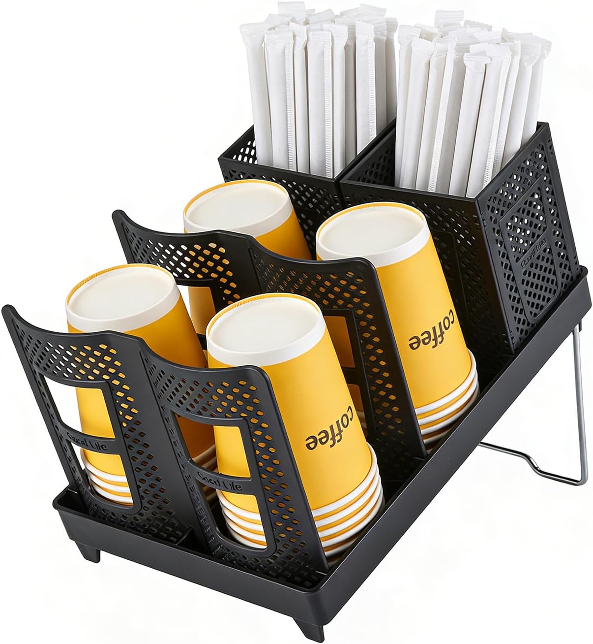 Detachable Paper Cup and Lid Holder, 6 Slots Disposable Cup Dispenser with Straw Organizer, Countertop Organizer for Coffee Station Bar Restaurant Office Breakroom (White)