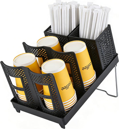 Detachable Paper Cup and Lid Holder, 6 Slots Disposable Cup Dispenser with Straw Organizer, Countertop Organizer for Coffee Station Bar Restaurant Office Breakroom (White)