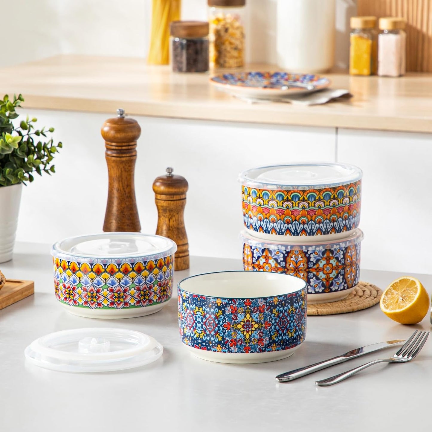 vancasso Serving Bowls with Lids Set of 4, Ceramic Nesting Mixing Bowls for Food Storage, Prep and Stackable, Dishwasher & Microwave Safe Gift Set, 60/36/20/10 OZ, Series SIMI