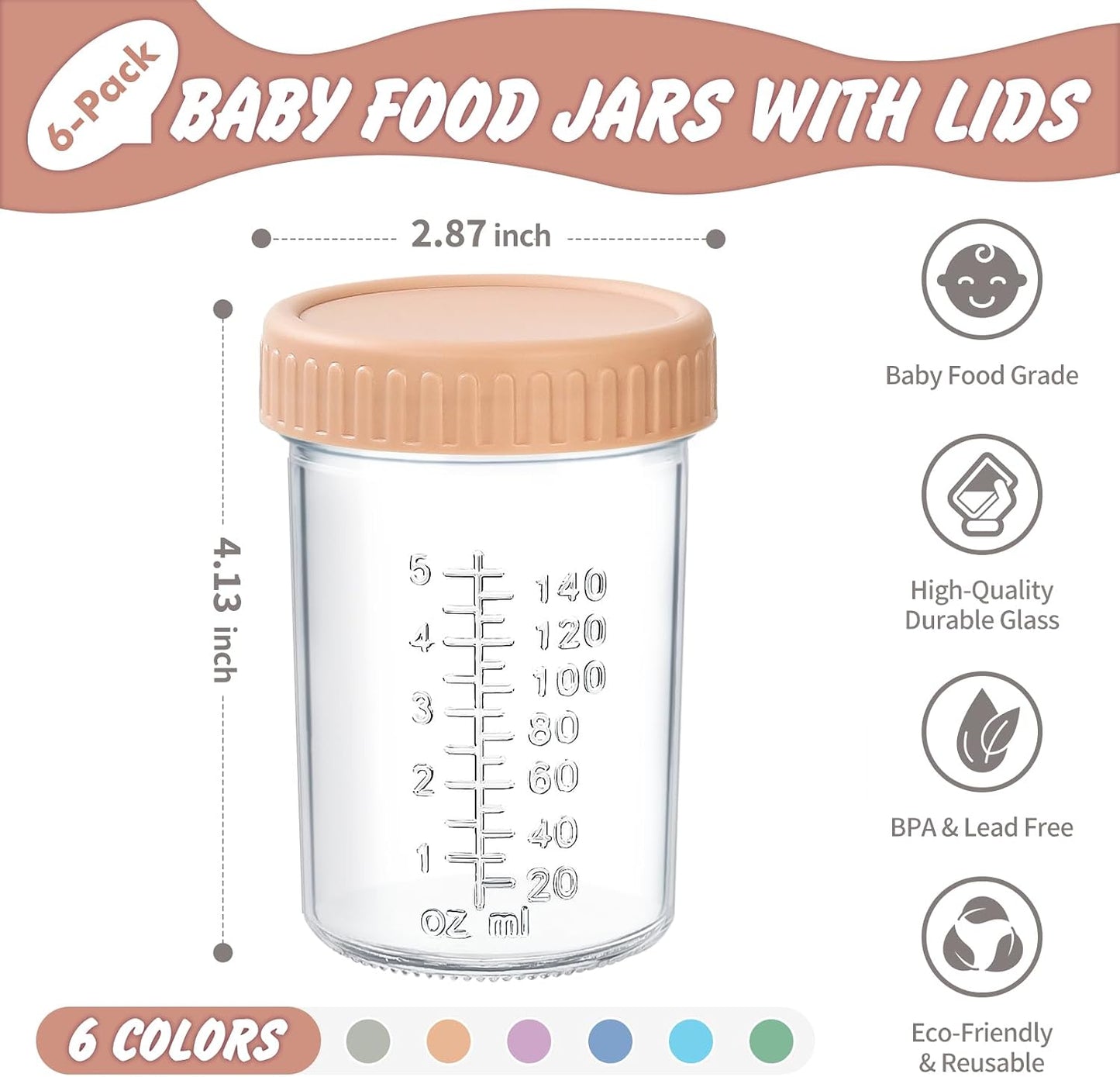 DRKIO 6 Pack Glass Baby Food Storage Containers - 4 Oz Baby Food Jars with Lids Baby Food Maker Microwave Dishwasher Freezer Safe 100% Leak Proof BPA Free Reusable