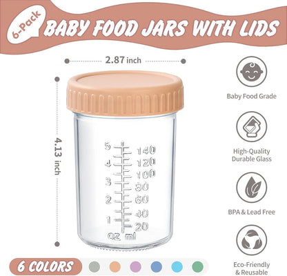 DRKIO 6 Pack Glass Baby Food Storage Containers - 4 Oz Baby Food Jars with Lids Baby Food Maker Microwave Dishwasher Freezer Safe 100% Leak Proof BPA Free Reusable