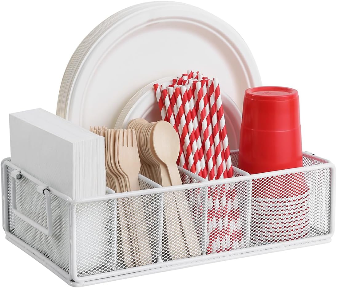 Paper Plate Dispenser with Handle, Metal Paper Plate Holders for Kitchen Counter, Utensil Holder Organizer with 6 Compartments, Silverware Holder Caddy for Cup Fork Spoon Napkin Party Camping
