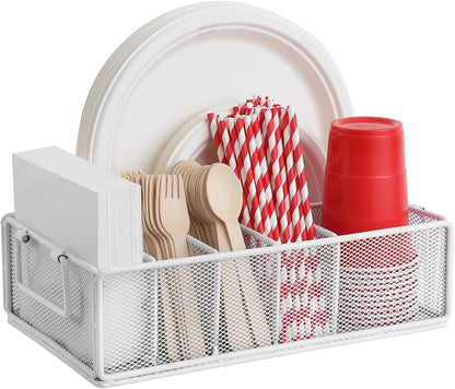 Paper Plate Dispenser with Handle, Metal Paper Plate Holders for Kitchen Counter, Utensil Holder Organizer with 6 Compartments, Silverware Holder Caddy for Cup Fork Spoon Napkin Party Camping