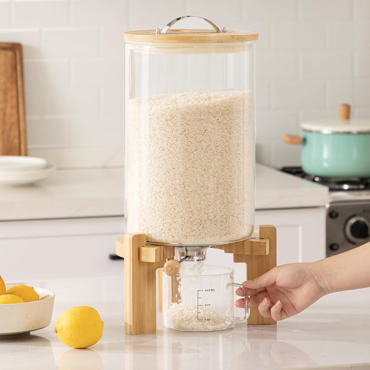 HBlife 5-7 Lbs Glass Rice Dispenser with Wooden Stand Flour and Cereal Container with Glass Measuring Cup Pantry Food Organization Storage Bin with Airtight Bamboo Lid, 3L