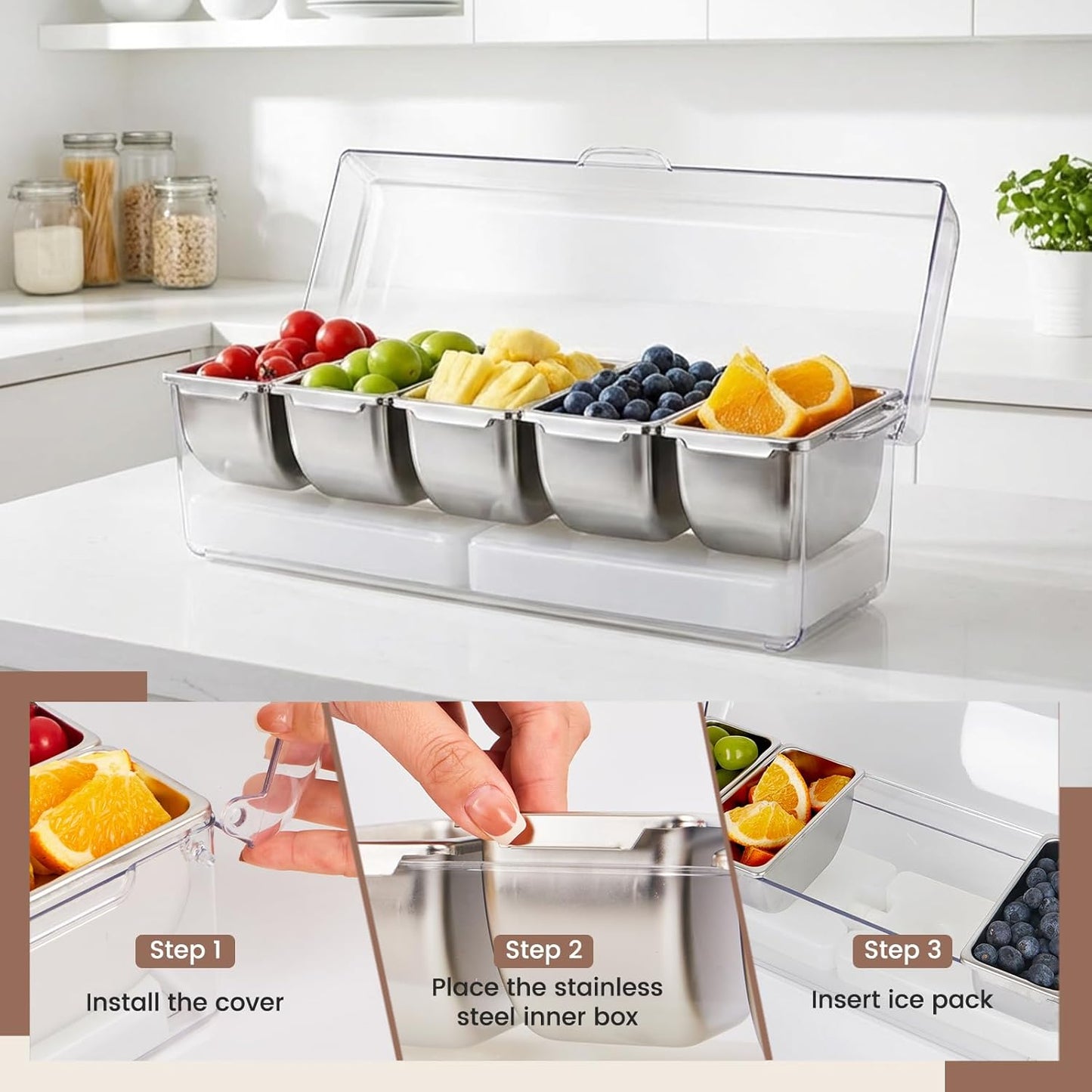 Chilled Condiment Caddy with 5 Stainless Steel Compartments – Condiment Containers with Lids, Serving Tray for Party, Bar, Salad, Taco & Fruit Garnish, Includes 2 Ice Packs, 5 Forks and 2 Tongs