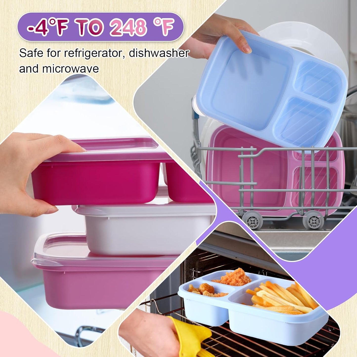 Honeydak 5 Pack Snack Containers 3 Compartment Bento Snack Boxes Divided Meal Prep Containers with Lids Reusable Adults Lunch Food Storage Box for School Work Travel(Elderberry)