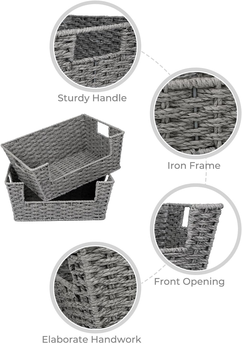 StorageWorks Round Paper Rope Woven Basket for Pantry Organizers and Storage, Stackable Pantry Storage Baskets for Shelves, Brown, 2-Pack
