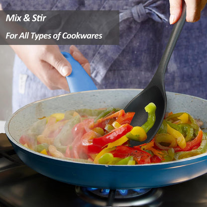 Silicone Spoons for Cooking - Extra Large Kitchen Spoons for Mixing, Serving, & Stirring - 600°F Heat-Resistant Non Stick Utensils Ladle & Skimmer- Dishwasher Safe, Black