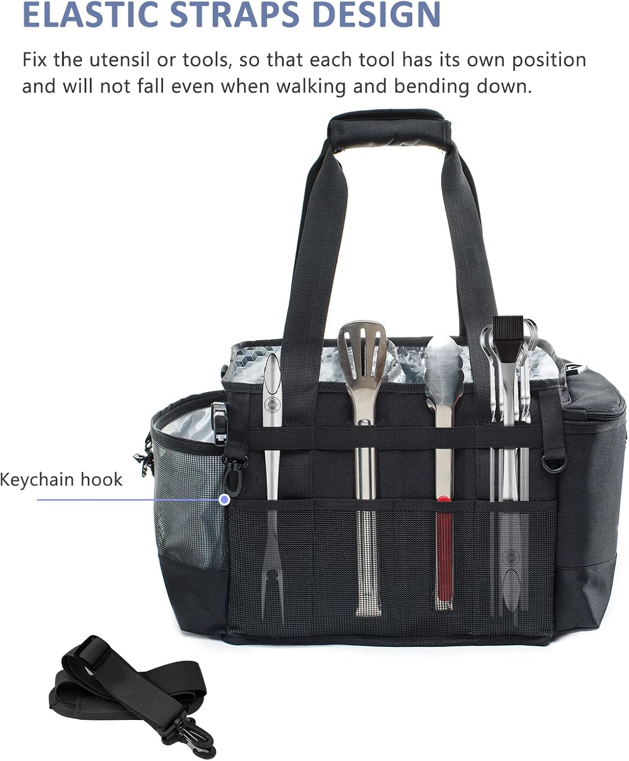 FREECOLSH Black Waterproof Caddy, 16" x 11" x 11", with Detachable Strap and Shoulder Pad for Carrying Utensils and Camping Supplies