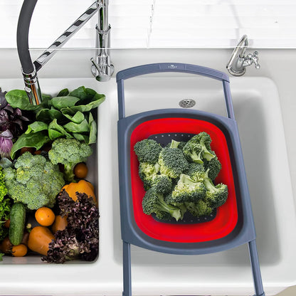 Collapsible Colander Strainer with Extendable Handles - Over the Sink Vegetable/Fruit Colanders Strainers for Kitchen, Capacity of 6 quart (Blue)
