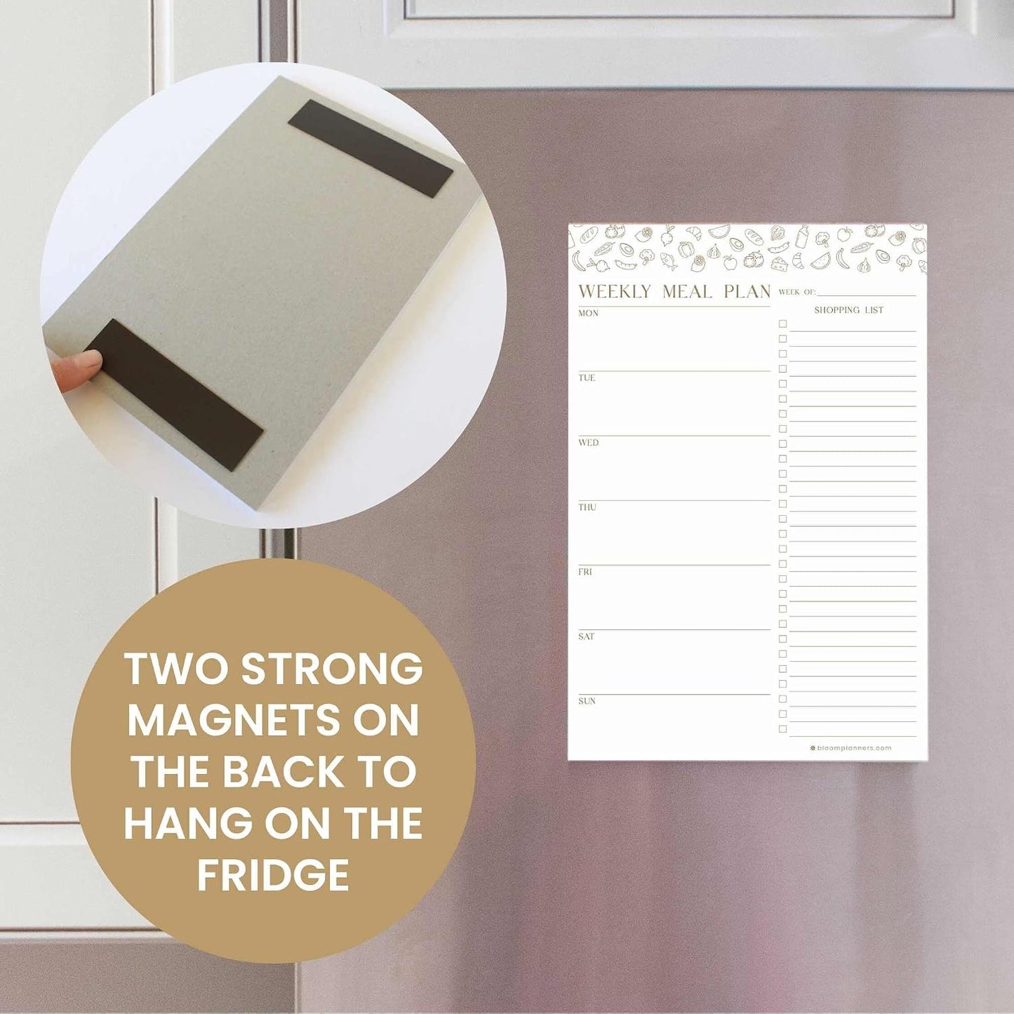 bloom daily planners Weekly Meal Planning Pad - Magnetic Hanging Refrigerator Menu Planner with Tear-Off Sheets & Perforated Grocery Shopping Lists - 6” x 9” (Grey & Pink)
