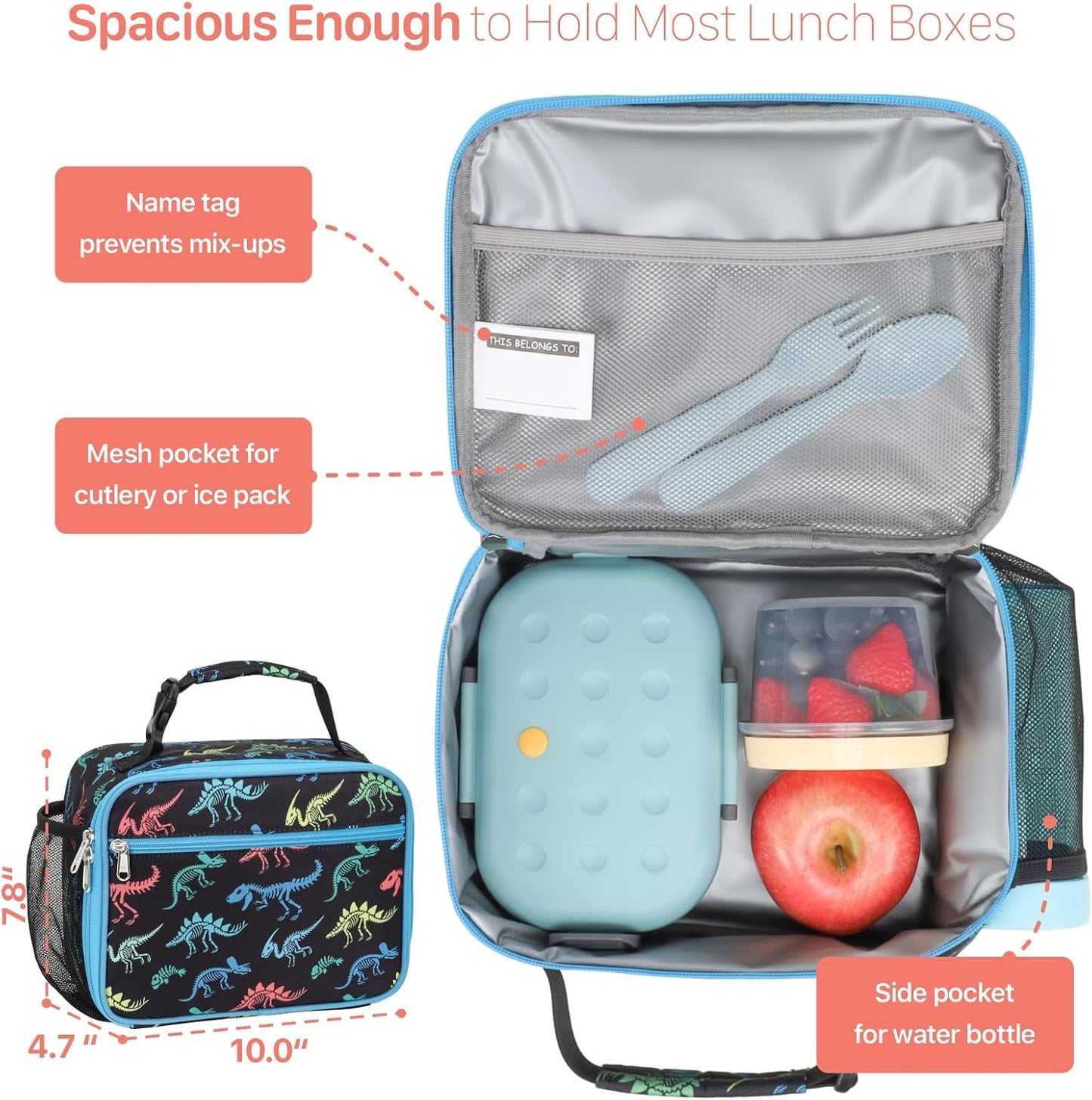 Kids Lunch Bag Boys - Insulated Kids Lunch Box Reusable Lunchbox with Water Bottle Holder Toddler Lunch Tote Bag for School Daycare, Black Dino Fossil
