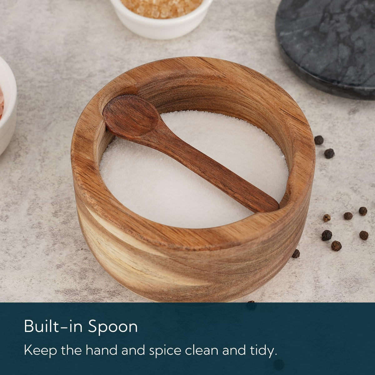 KITCHENDAO Large Acacia Salt Cellar Box Bowl with Built-in Spoon and Marble Lid, Solid Natural Acacia Wood Bath Sea Salt Container, Grey Marble Lid, Pepper Sealer Pinch Bowl, 10oz Capacity