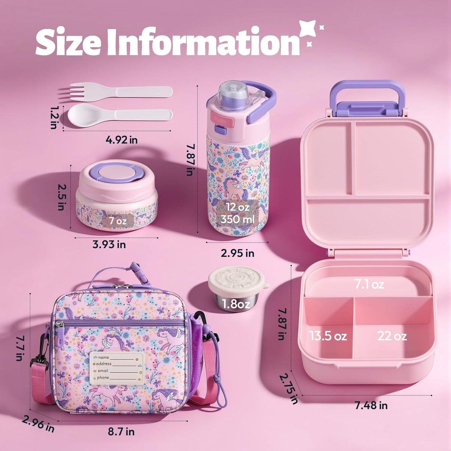 Itslife Bento Box for Kids Set, Insulated Food Container,Kids Lunch Box, 7 oz Thermos for Hot Food, 12 oz Thermos Water Bottle, Reusable Insulated Ice Bag & Fork Spoon Utensils Camping Travel Pink
