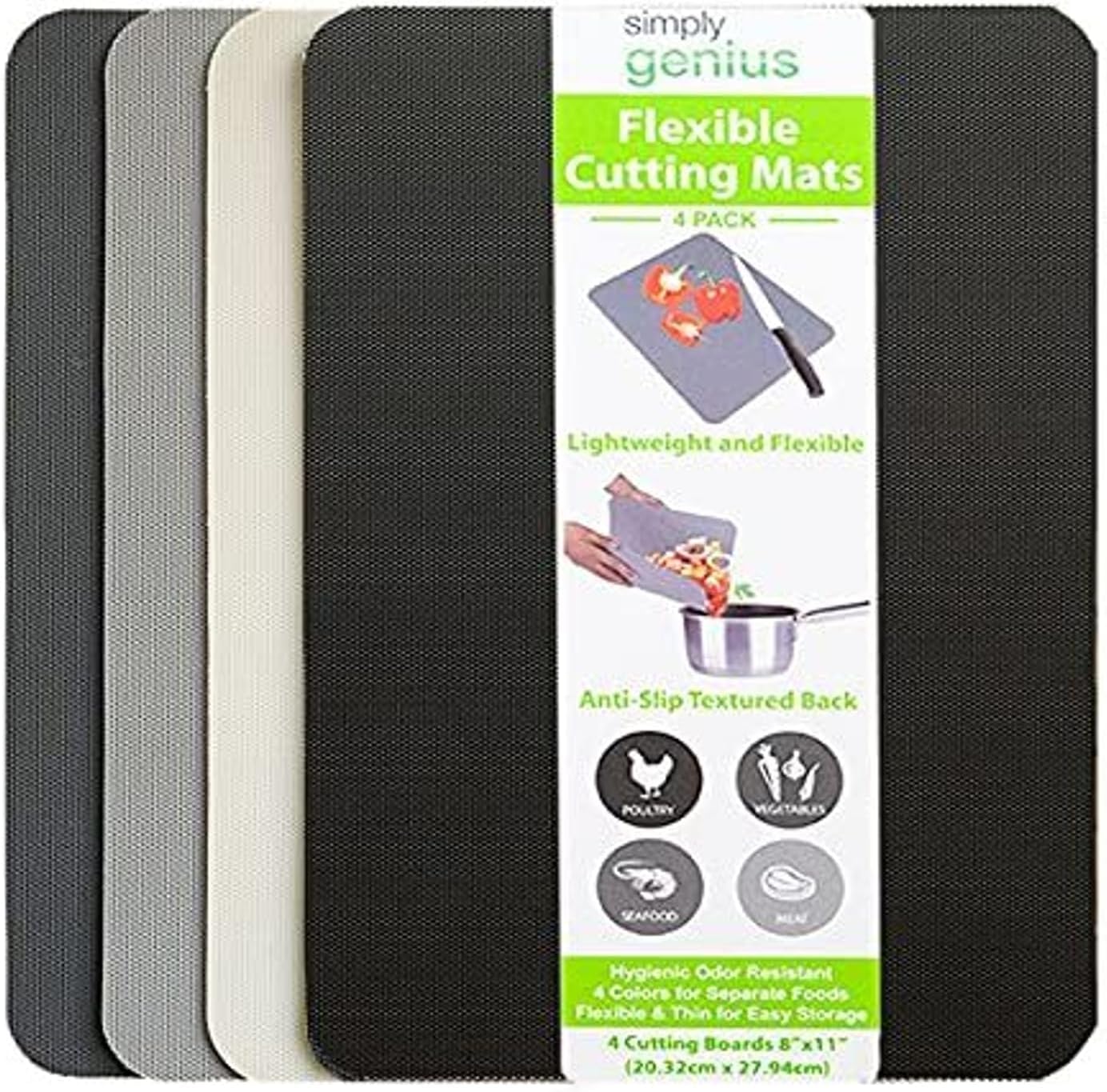Simply Genius Flexible Cutting Board Set - Color-Coded Plastic Cutting Board Mats - Dishwasher-Safe Chopping Surfaces - Space-Saving Kitchen Mat Storage - 4-Pack Multicolor 11.5 x 15 in