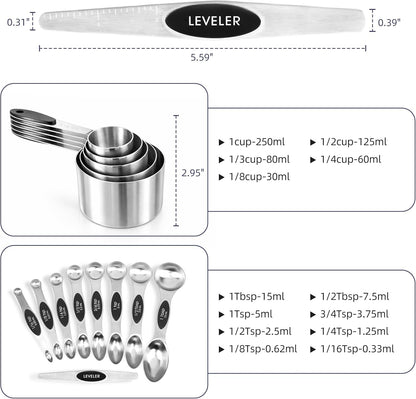 Magnetic Measuring Cups and Spoons Set, Strong N45 Magnets, 304 Stainless Steel, Double-Sided Measuring Spoons, 14-Piece Set with Leveler for Baking & Cooking