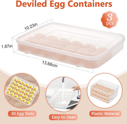 3 Pack Deviled Egg Containers with Lid and 8 Pcs Deviled Egg Injector Piping Tool, Egg Organizer for Refrigerator, Fridge Stackable Countertop Portable Egg Platter (pink,blue,green)