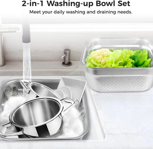 yeesport 2-in-1 Washing Up Bowl Set, Stainless Steel Dish Tub with Colander, Fruit Vegetable Washing Basin, Multi-purpose Bowl Kit for Washing and Draining Rice, Pasta, Food Strainer Mixing Bowl
