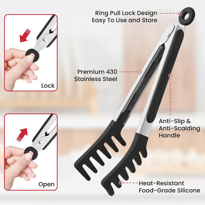 2 PCS Pasta Tong Spaghetti Tongs, 9" & 12-Inch Heat Resistant Pasta Tongs