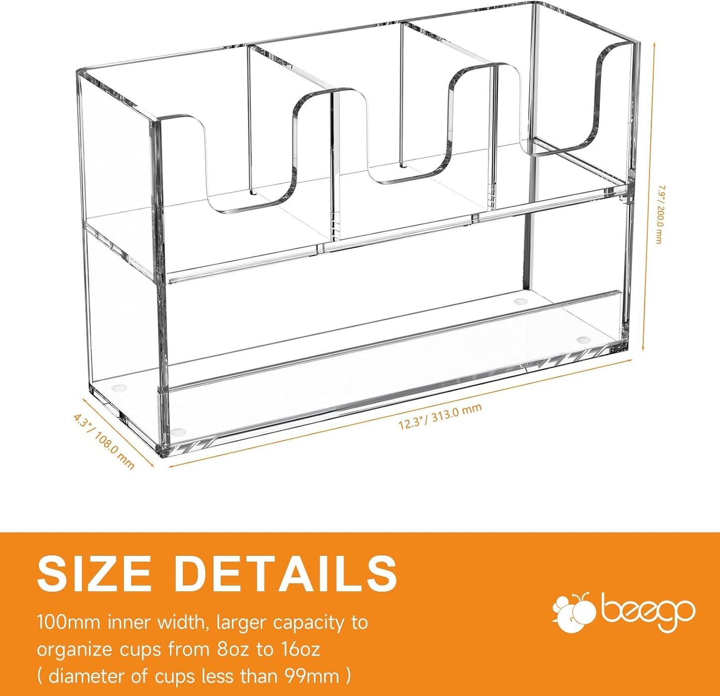Beego 2-Compartment Cup Holder for Countertop - 2-Tier Clear Acrylic Cup Dispenser Coffee Station Paper Cup and Lid Organizer Condiment Storage for Restaurant Breakroom Kitchen Bar Accessories