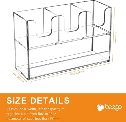 Beego 2-Compartment Cup Holder for Countertop - 2-Tier Clear Acrylic Cup Dispenser Coffee Station Paper Cup and Lid Organizer Condiment Storage for Restaurant Breakroom Kitchen Bar Accessories