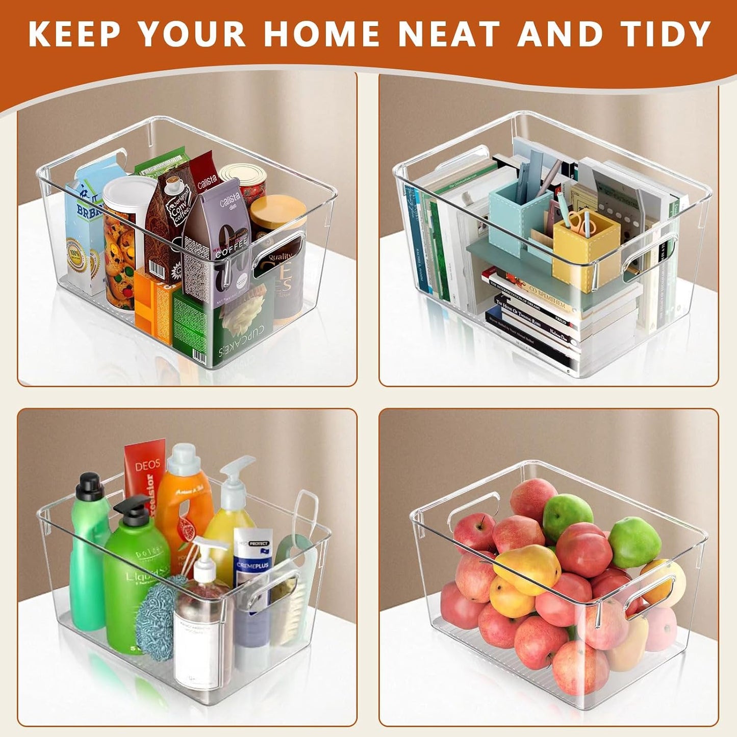 MOONEDGE Large Clear Plastic Storage Bins 4 Pack, 12" x 8" x 6" Stackable & Durable Organizers for Kitchen, Pantry, Refrigerator & Bathroom – Food Safe, Easy to Clean, Ideal for Home Organization