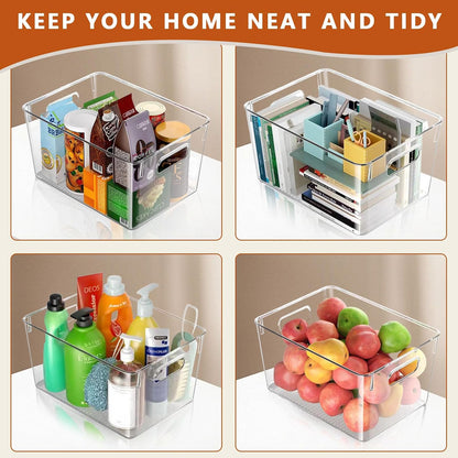 MOONEDGE Large Clear Plastic Storage Bins 4 Pack, 12" x 8" x 6" Stackable & Durable Organizers for Kitchen, Pantry, Refrigerator & Bathroom – Food Safe, Easy to Clean, Ideal for Home Organization
